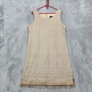 Vintage Onyx Nite Dress Women 16W Beige Metallic Lace Fringe Flapper Shift Party